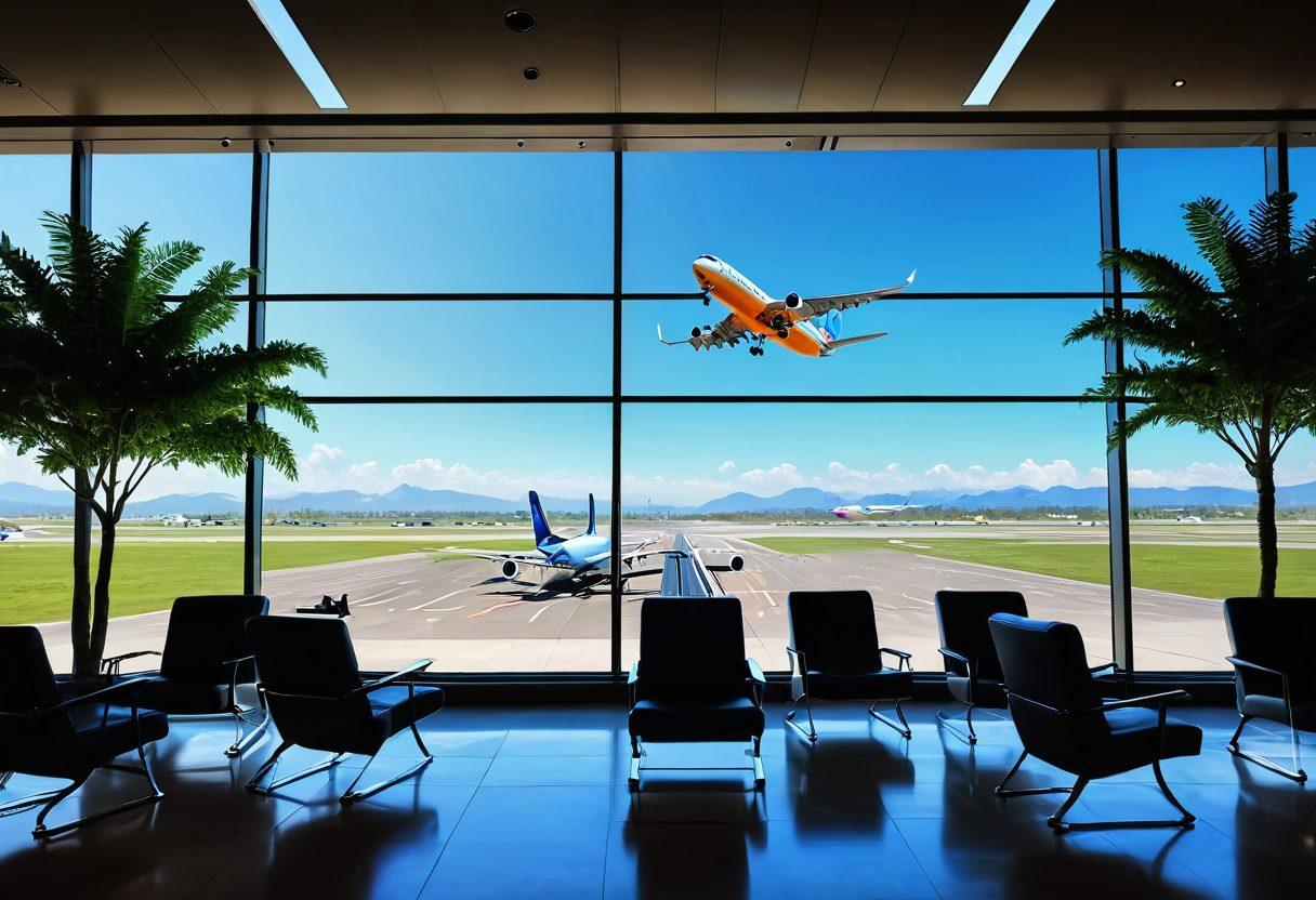 A serene airport scene depicting a smooth journey, showcasing an airplane taking off into a clear blue sky, while passengers enjoy blissful moments in a chic airport lounge with lush greenery and comfy seating. Soft sunlight filtering through large windows creates a warm ambiance, hinting at relaxation and excitement. The image captures the essence of both departure and arrival, symbolizing transformation and joy in travel. vibrant colors. super-realistic.