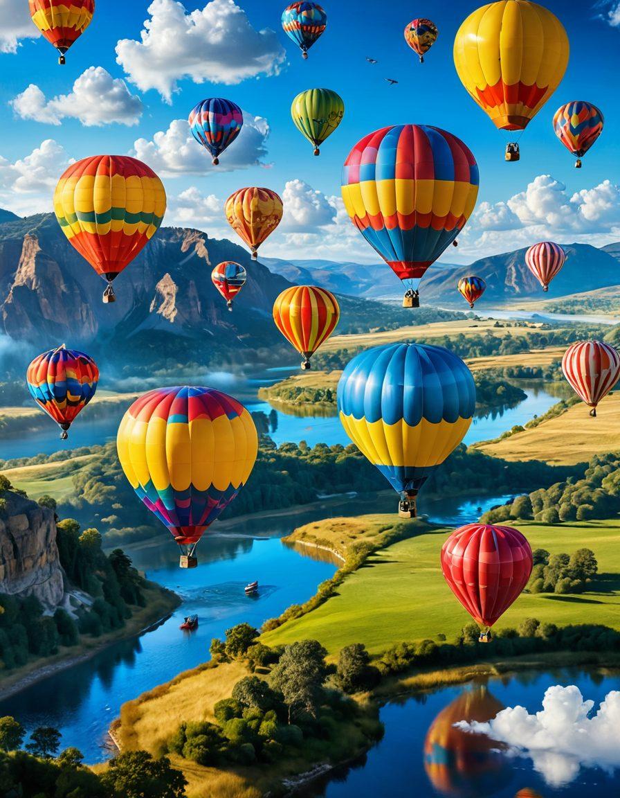 A whimsical scene of colorful hot air balloons soaring through a bright blue sky, surrounded by fluffy white clouds and rays of sunshine. Below, a picturesque landscape with rolling hills and a sparkling river invites adventure, while playful birds flutter alongside the balloons. Emphasize a sense of joy and freedom, capturing the essence of unlimited exploration. vibrant colors. super-realistic. 3D.
