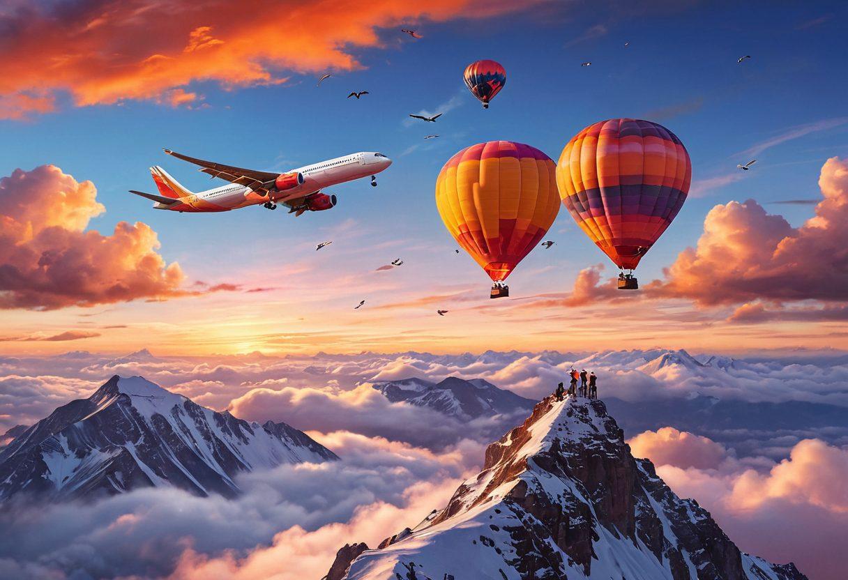 A vibrant scene of a modern aircraft soaring high above fluffy white clouds, with a glowing sunset painted in rich oranges and pinks. Below, a group of joyful travelers on a mountain peak, arms raised in celebration, embodying the spirit of adventure. Incorporate elements of a colorful hot air balloon floating nearby, and birds flying alongside the plane. The entire composition should evoke feelings of freedom and exhilaration. super-realistic. vibrant colors. dynamic perspective.